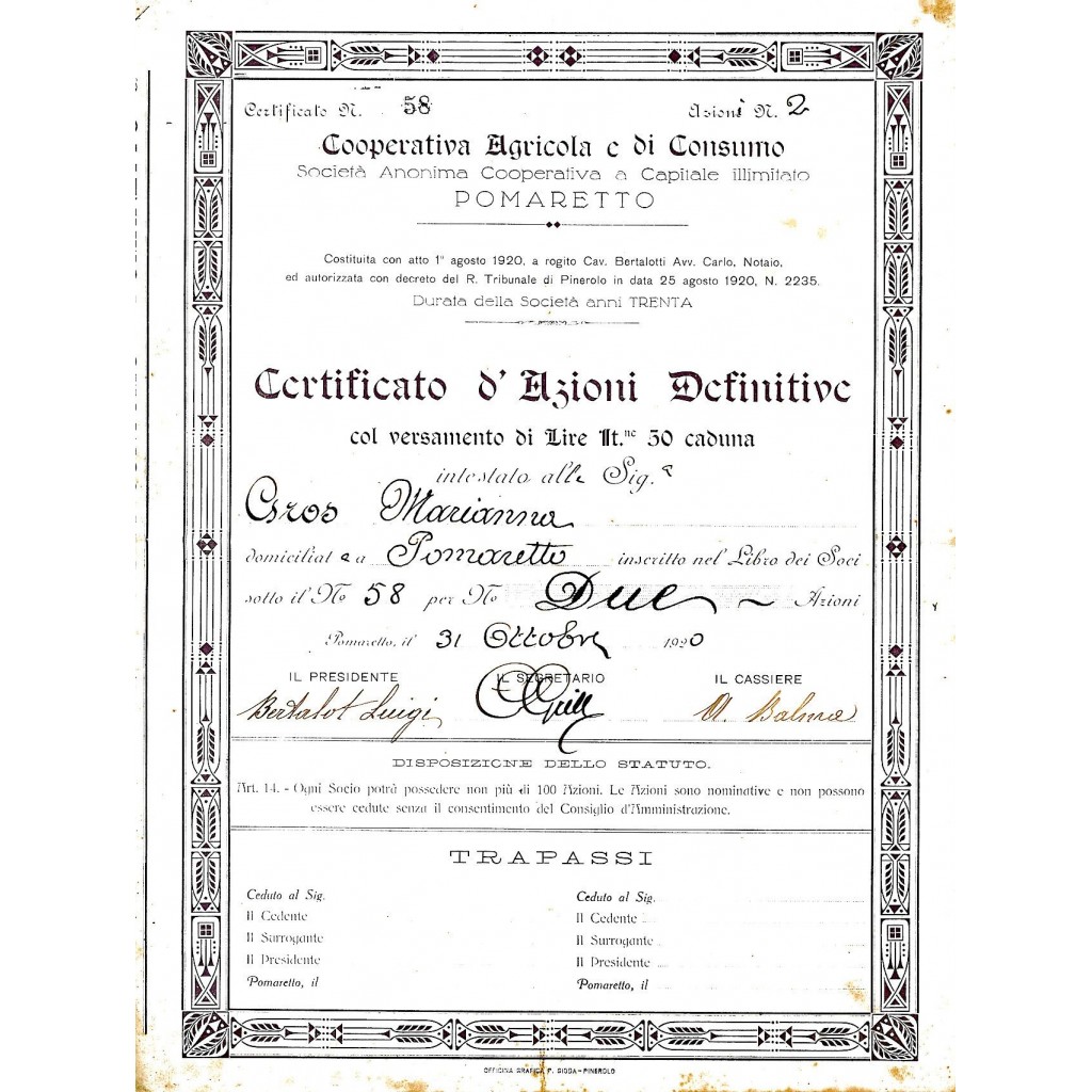 1920 - COOP. AGRICOLA E DI CONSUMO - POMARETTO