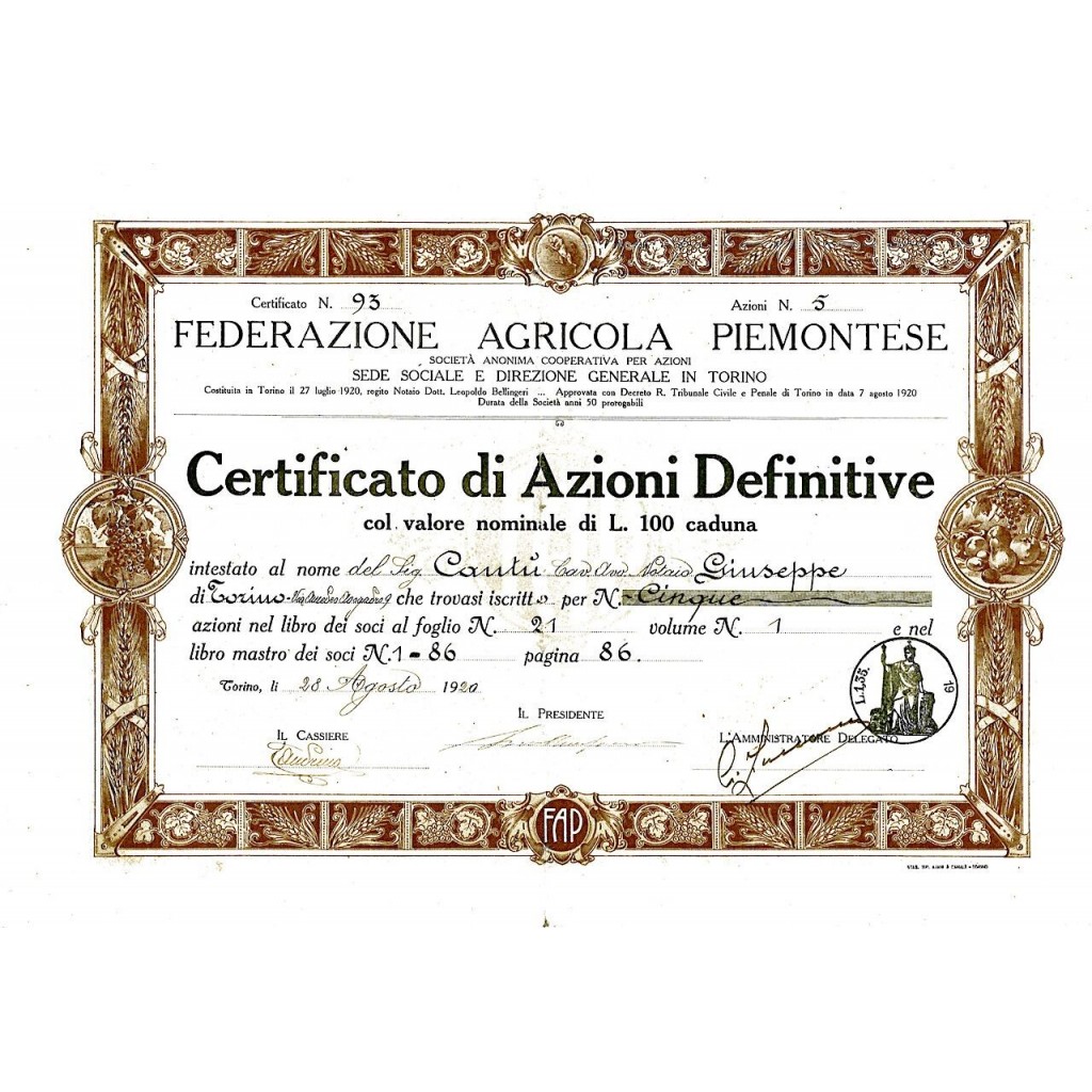 1920 - FEDERAZIONE AGRICOLA PIEMONTESE