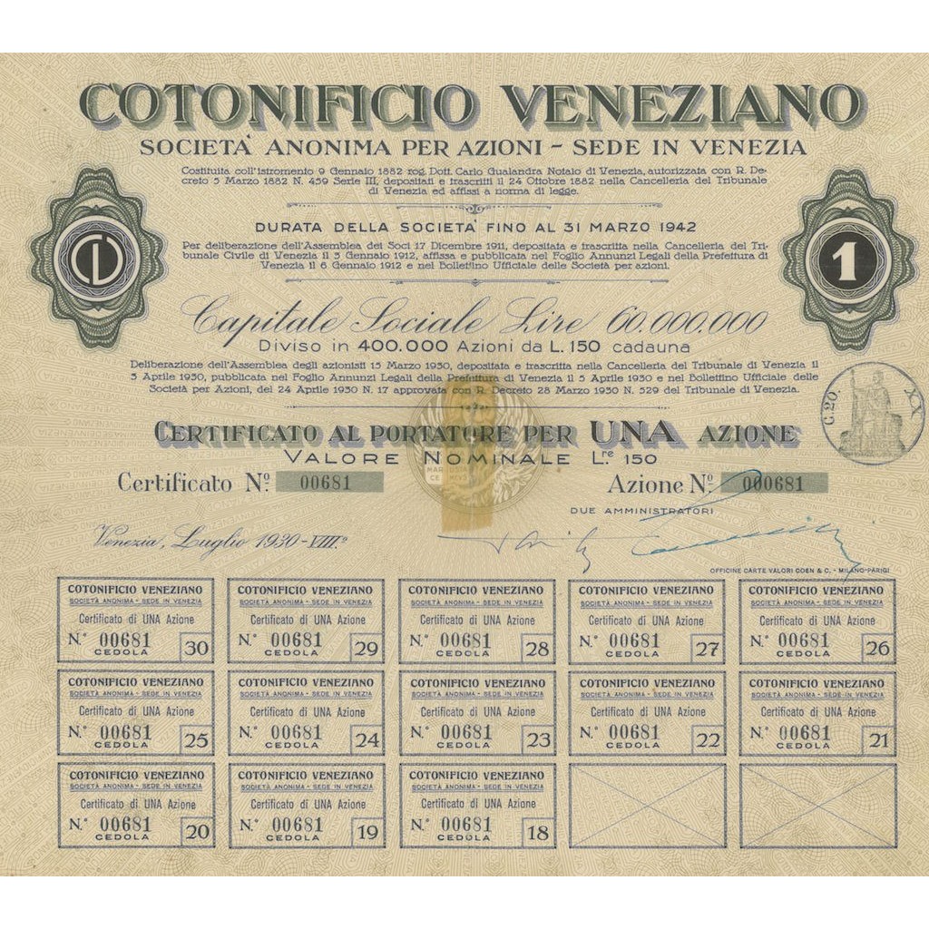 COTONIFICIO VENEZIANO - UNA AZIONE VENEZIA 1930