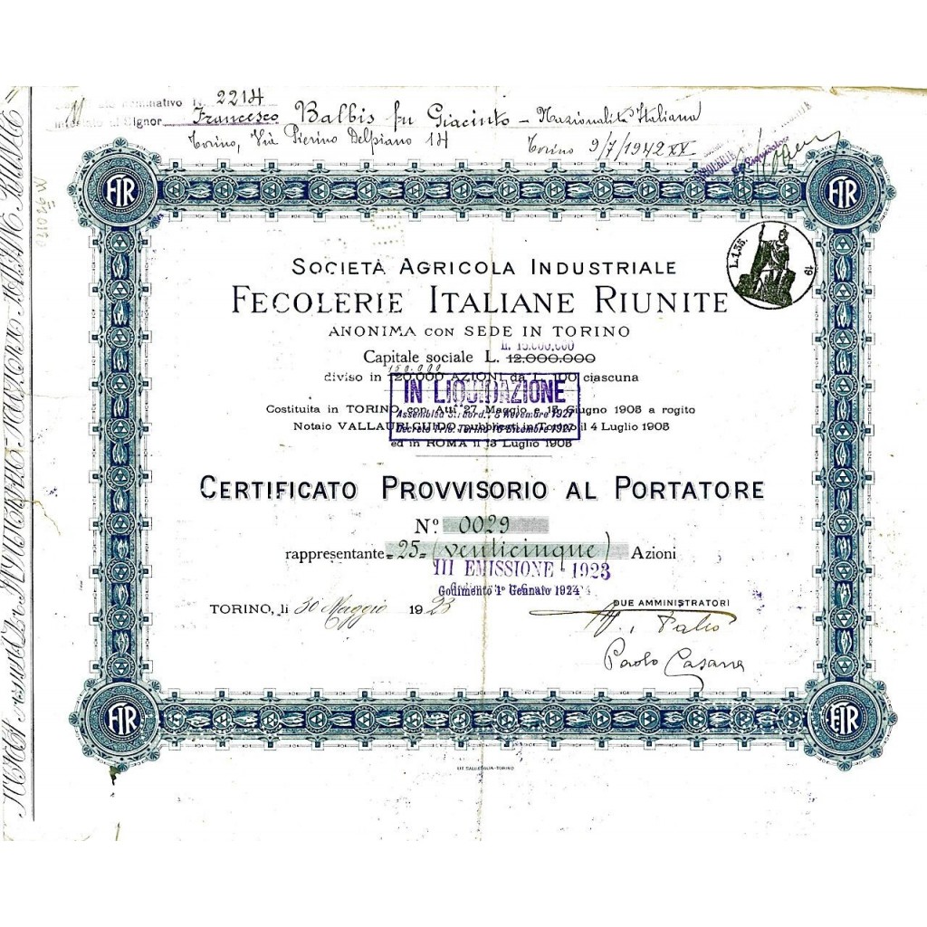 1923 - SOC. AGRICOLA INDUSTRIALE FECOLERIE...