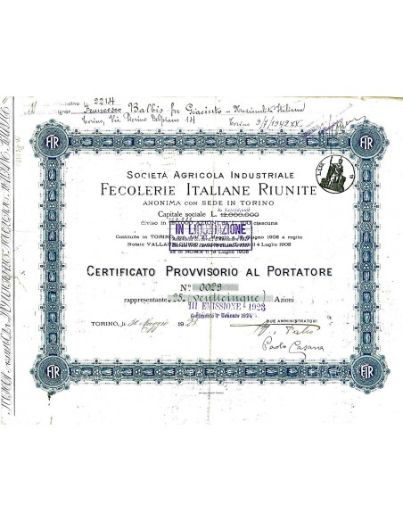 1923 - SOC. AGRICOLA INDUSTRIALE FECOLERIE ITALIANE RIUNITE  - TORINO