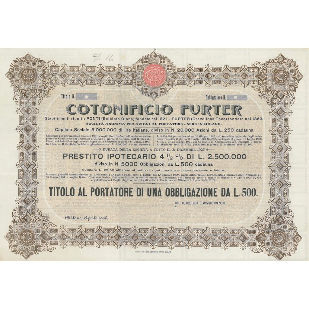 COTONIFICIO FURTER - UNA OBBLIGAZIONE MILANO 1908