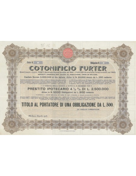 COTONIFICIO FURTER - UNA OBBLIGAZIONE MILANO 1908