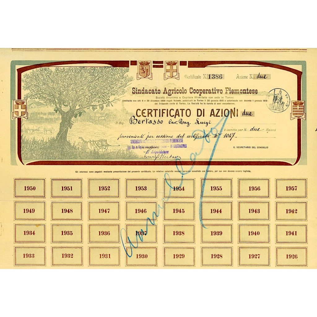1910 - SINDACATO AGRICOLO COOPERATIVO PIEMONTESE