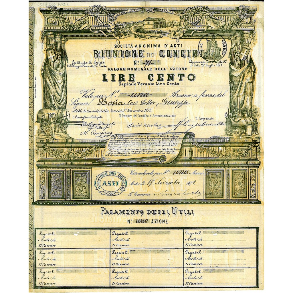 1872 - SOC. ANON. D'ASTI RIUNIONE DEI CONCIMI