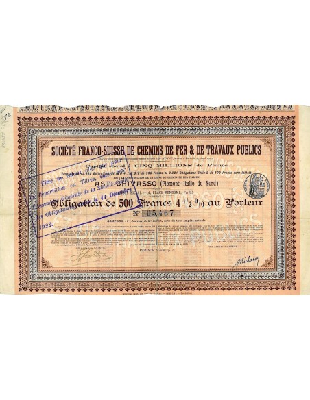 1911 - FRANCO-SUISSE DE CHEMINS DE FER ET DE TRAVAUX PUBLICS SOC. (OBBL. 4,5%)