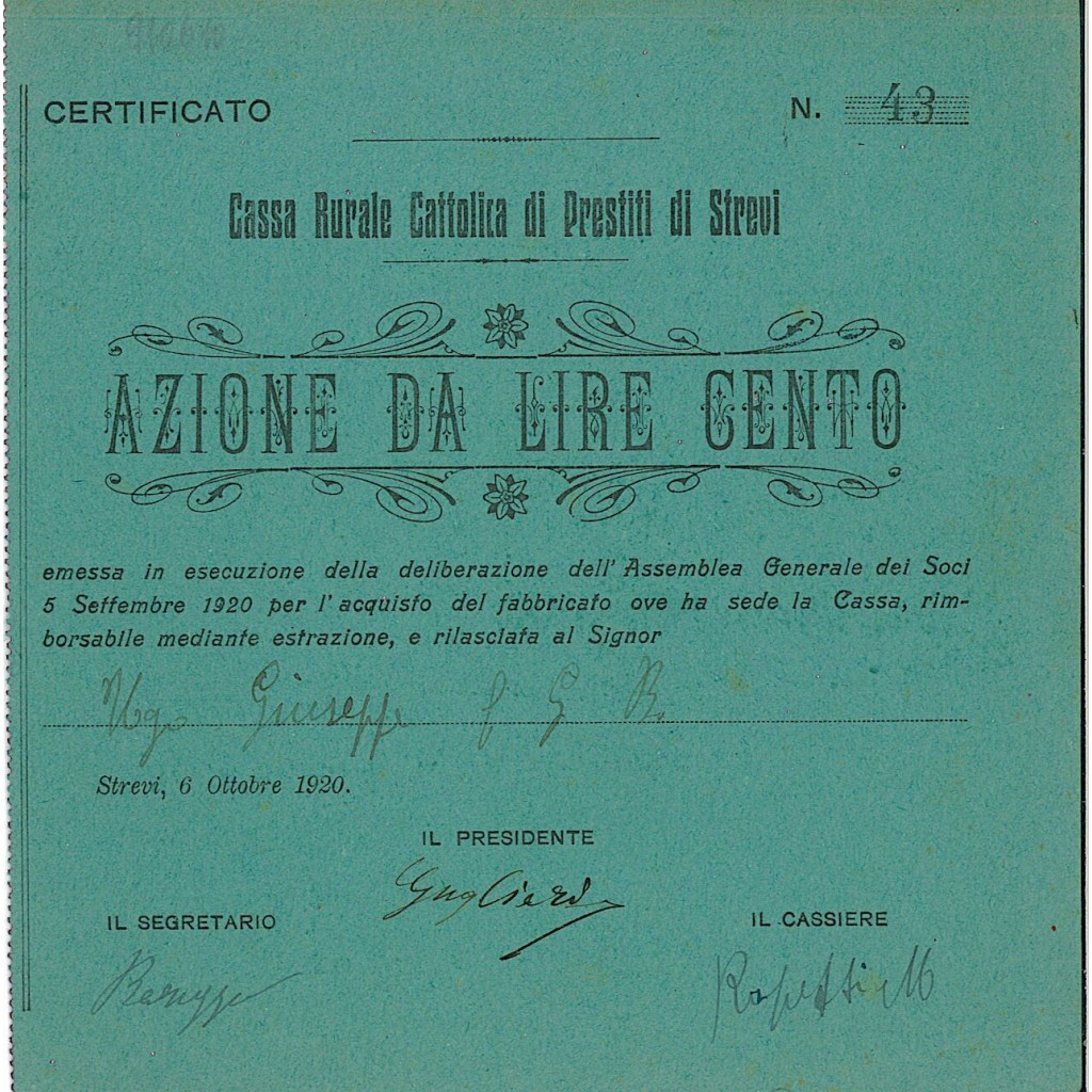1920 - CASSA RURALE CATTOLICA DI PRESTITI DI STREVI