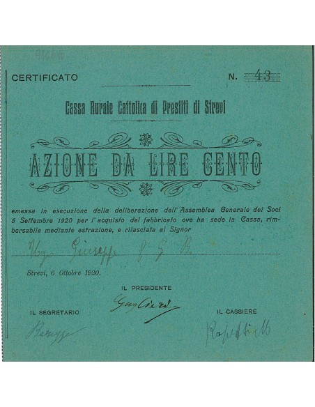 1920 - CASSA RURALE CATTOLICA DI PRESTITI DI STREVI