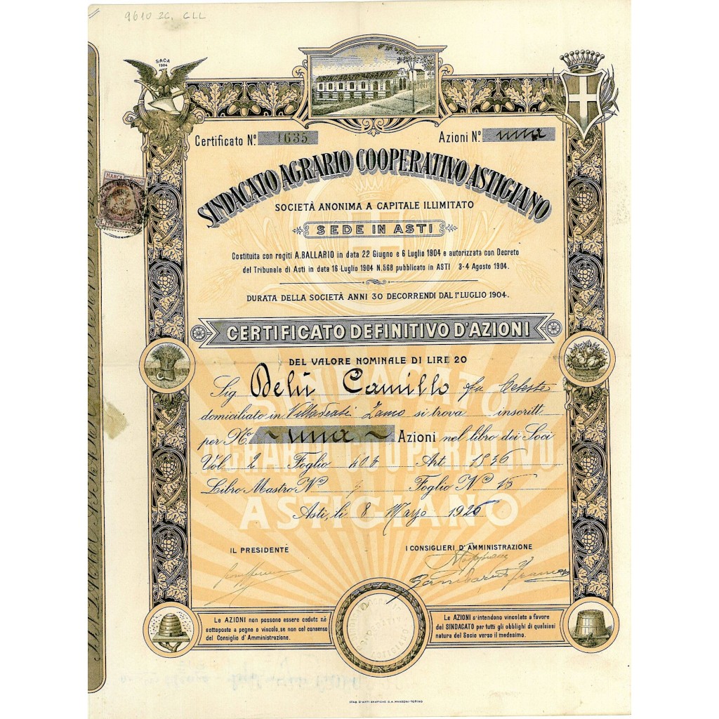 1926 - SINDACATO AGRARIO COOPERATIVO ASTIGIANO