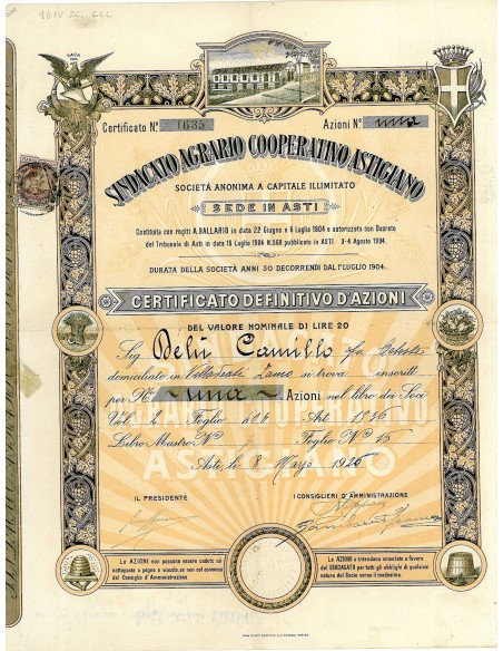 1926 - SINDACATO AGRARIO COOPERATIVO ASTIGIANO