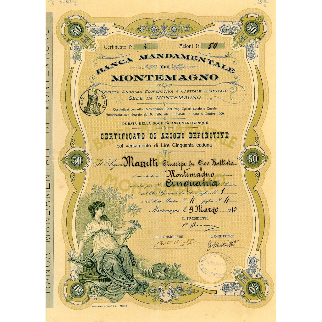 1910 - BANCA MANDAMENTALE DI MONTEMAGNO ILLUSTRATORE G. MORELLO 50 AZIONI