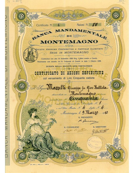 1910 - BANCA MANDAMENTALE DI MONTEMAGNO ILLUSTRATORE G. MORELLO 50 AZIONI
