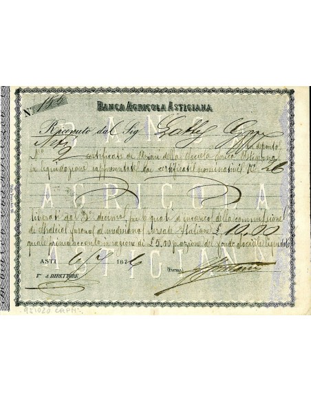 1876 - BANCA AGRICOLA ASTIGIANA - ASTI