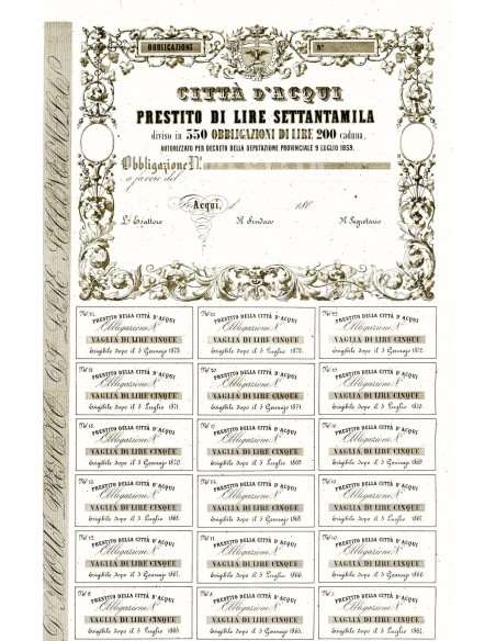 1860 - CITTA' D'ACQUI - PRESTITO DI LIRE SETTANTAMILA