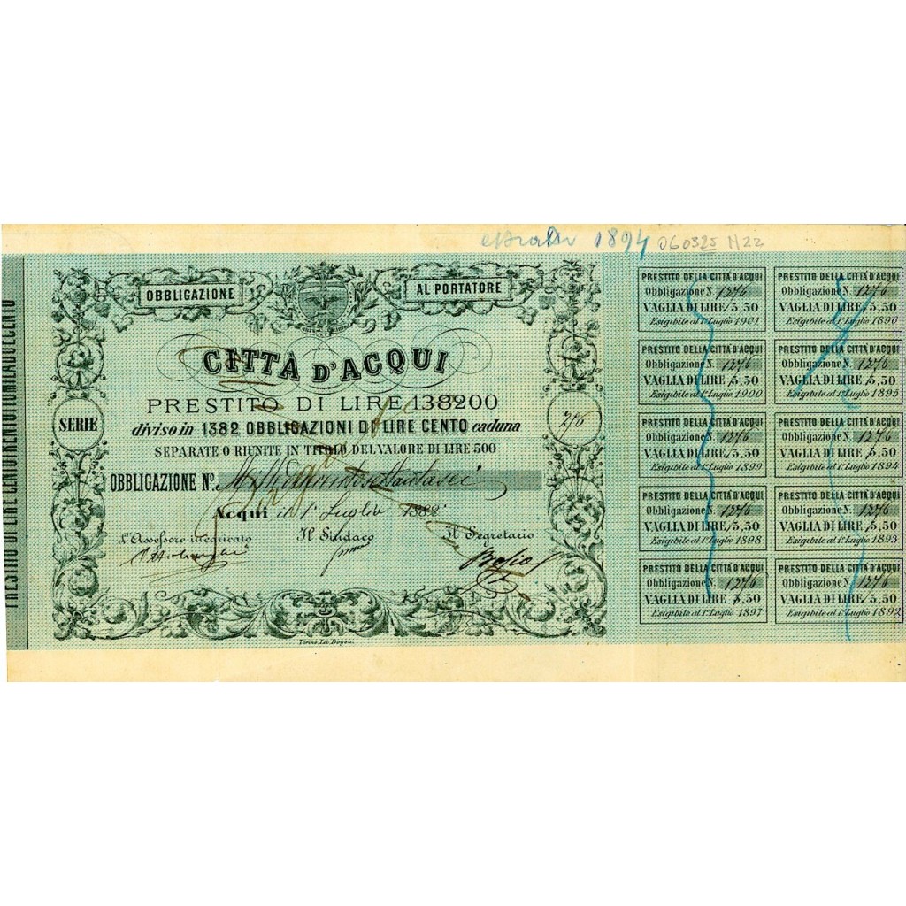 1882 - CITTA' D'ACQUI - PRESTITO DI LIRE 138.200