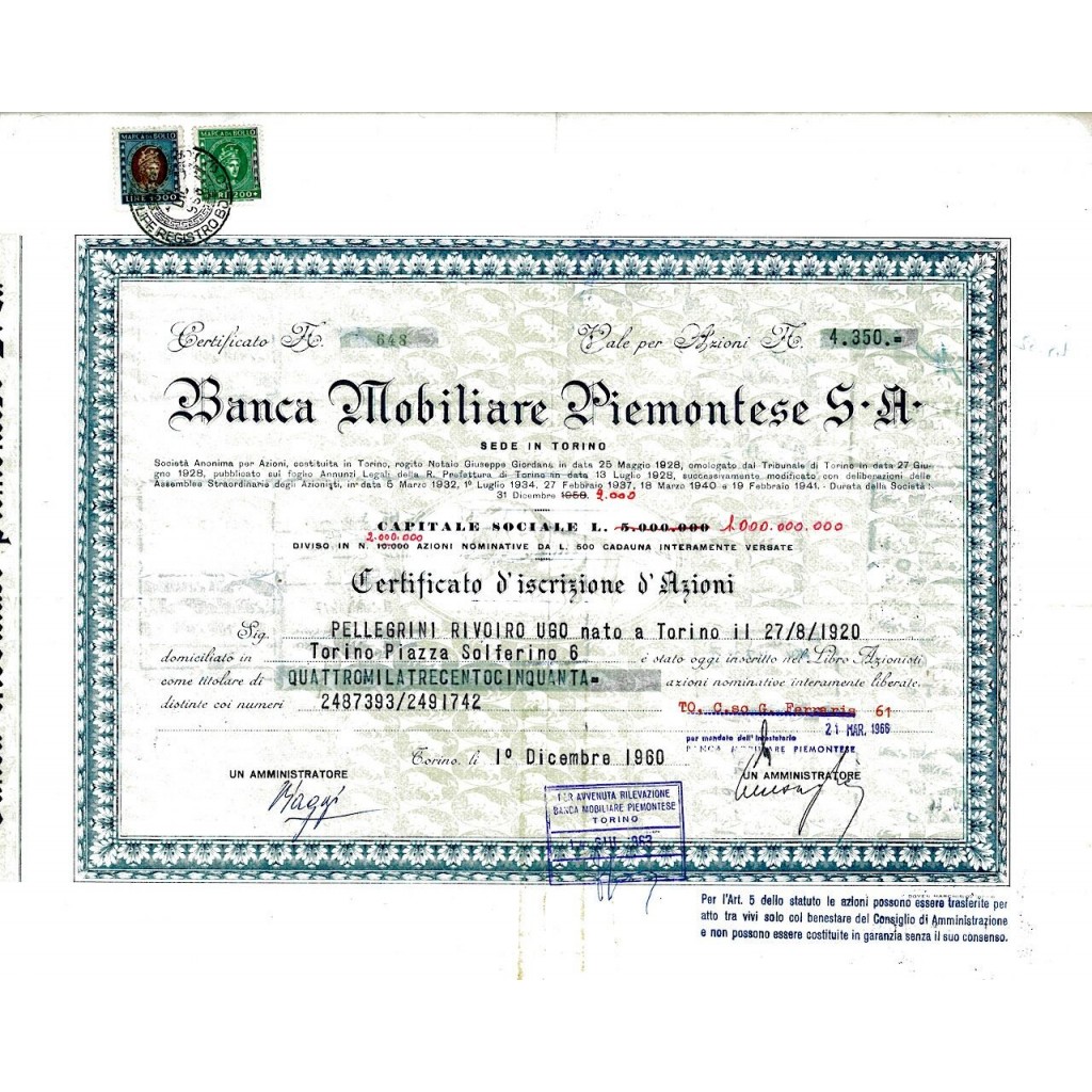 1960 - BANCA MOBILIARE PIEMONTESE S. A.