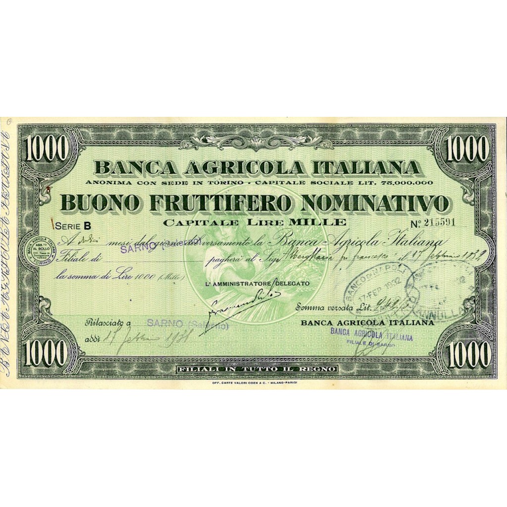 1931 - BANCA AGRICOLA ITALIANA - SARNO