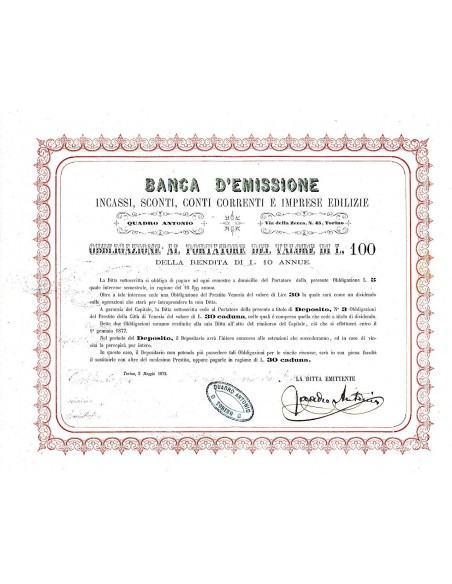 1872 - BANCA D'EMISSIONE INCASSI, SCONTI, CONTI CORRENTI E IMPRESE EDILIZIE - TORINO
