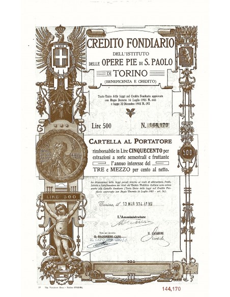 1934 - CREDITO FONDIARIO DELL'ISTITUTO DELLE OPERE PIE DI S. PAOLO DI TORINO