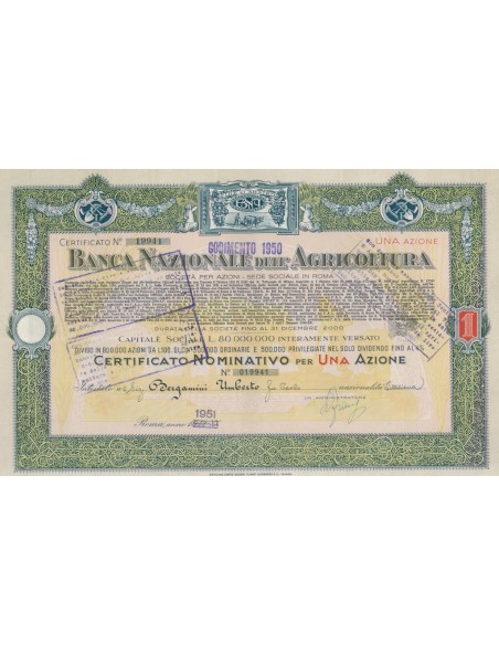 BANCA NAZIONALE DELL'AGRICOLTURA - UNA AZIONE ROMA 1951
