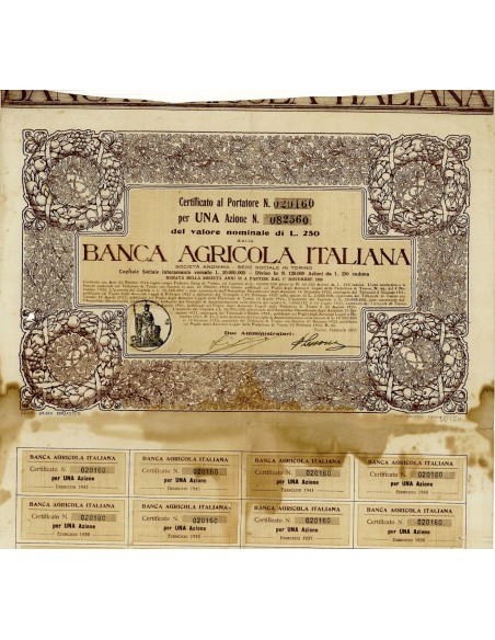 1922 - BANCA AGRICOLA ITALIANA (ILLUSTRATORE ALDO BRUSA) - UNA AZIONE - TORINO