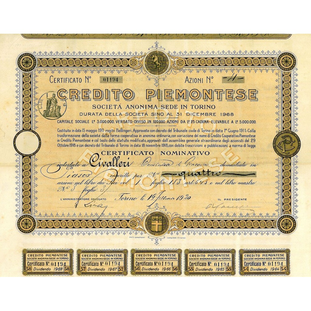1920 - CREDITO PIEMONTESE (CAP. SOC. L. 3.000.000)