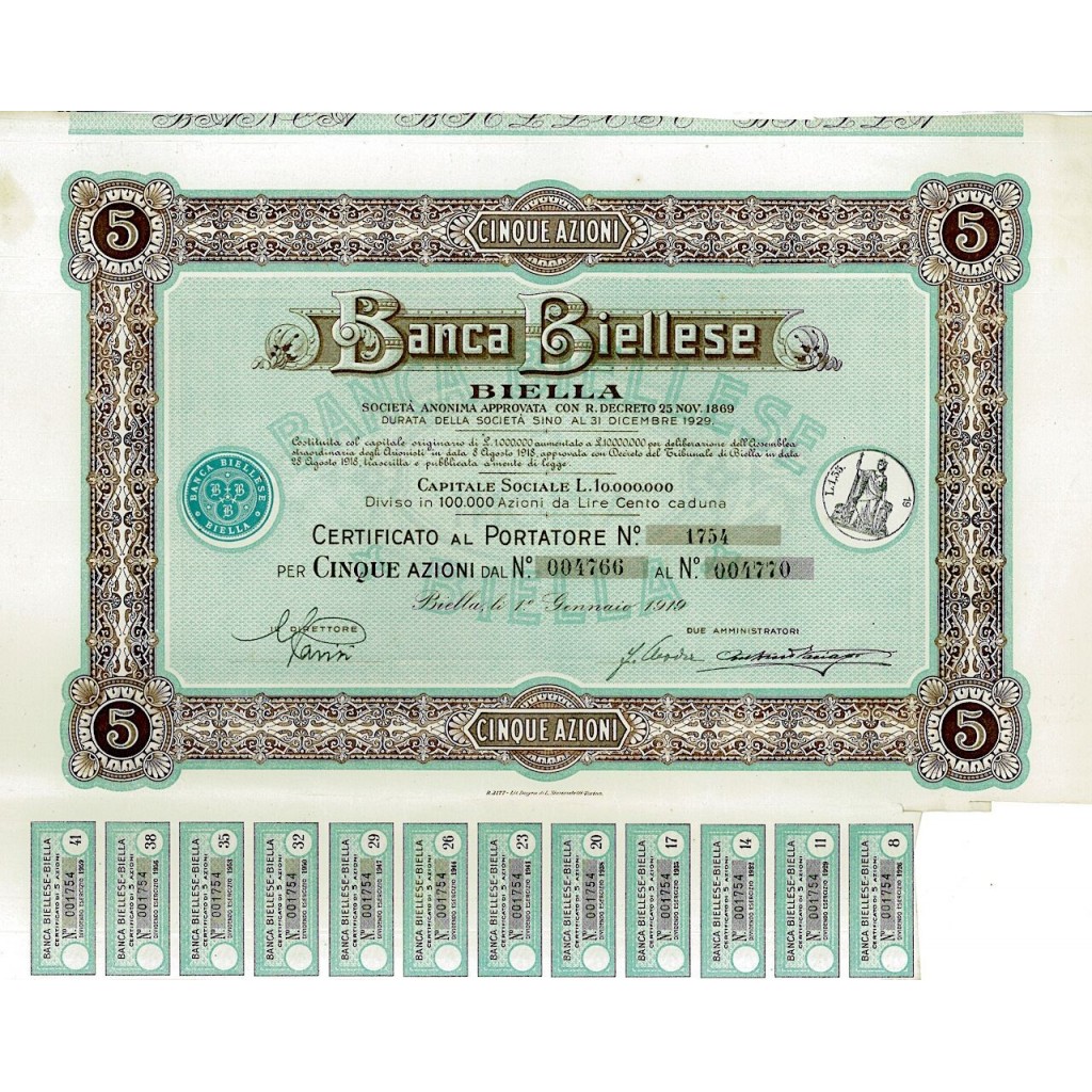 1919 - BANCA BIELLESE - BIELLA (5 AZIONI)
