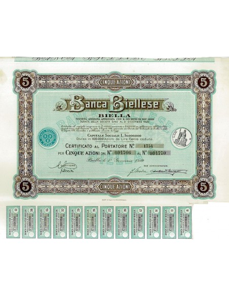 1919 - BANCA BIELLESE - BIELLA (5 AZIONI)