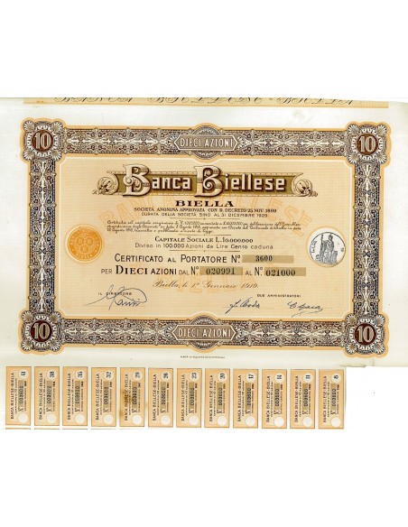 1919 - BANCA BIELLESE - BIELLA (10 AZIONI)