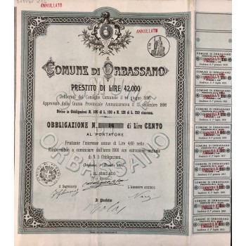 1896 - COMUNE DI ORBASSANO - 1 OBBLIGAZIONE LIRE CENTO - ORBASSANO