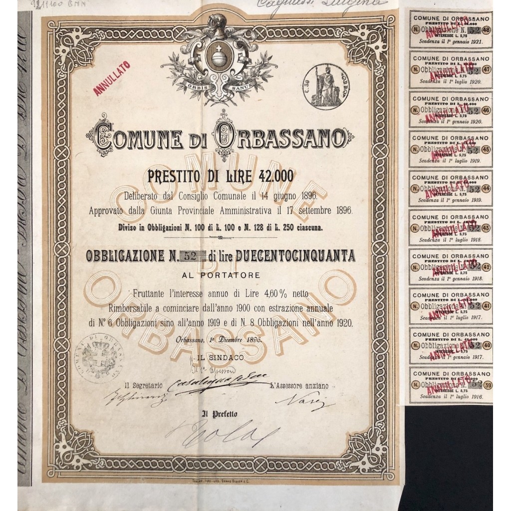 1896 - COMUNE DI ORBASSANO - 1 OBBLIGAZIONE...