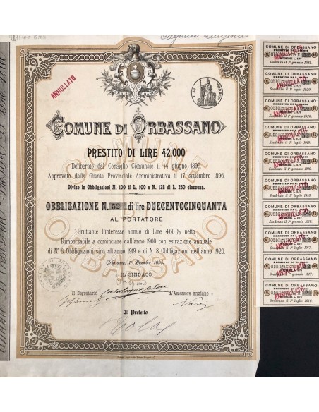 1896 - COMUNE DI ORBASSANO - 1 OBBLIGAZIONE LIRE DUECENTOCINQUANTA - ORBASSANO