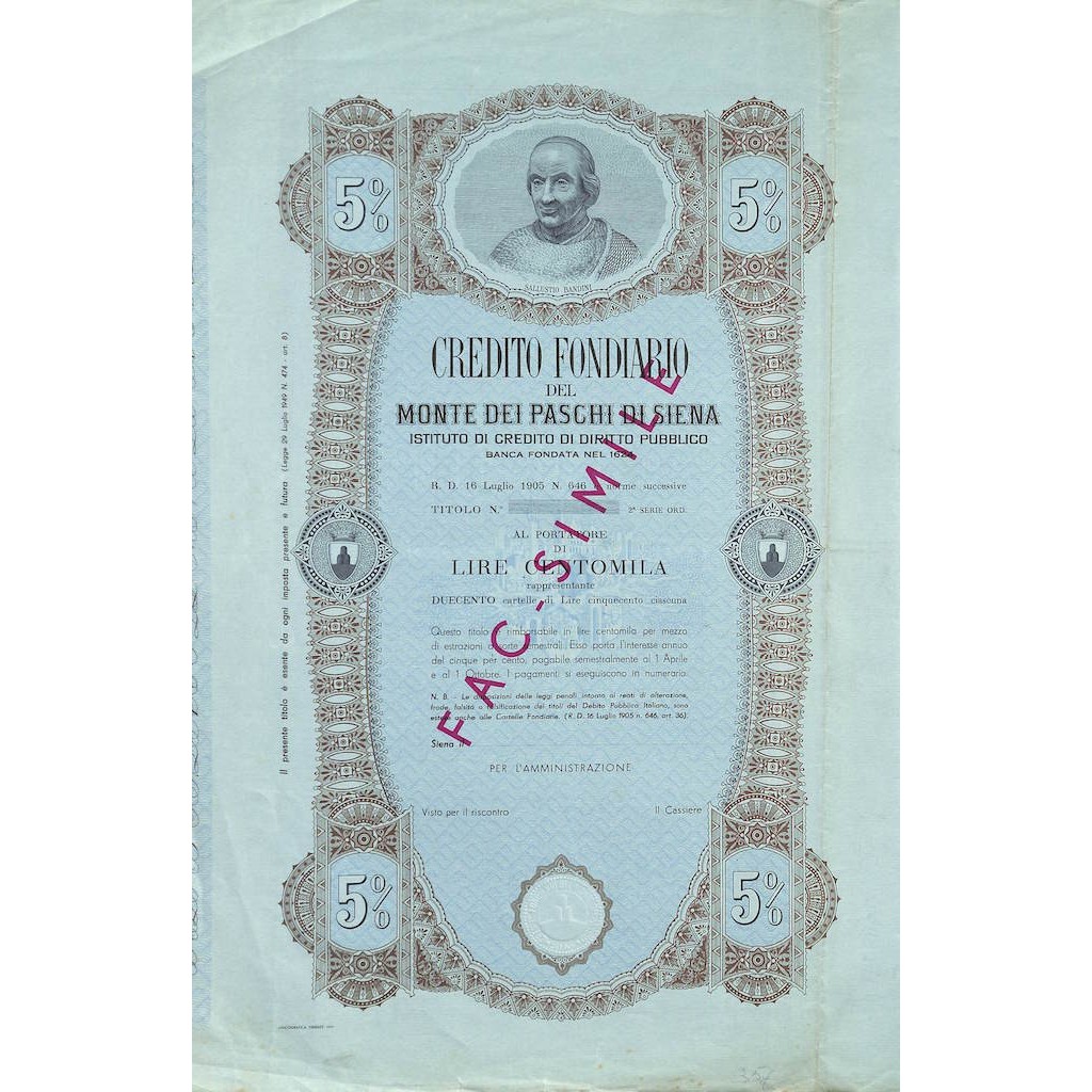 CREDITO FONDIARIO DEL MONTE DEI PASCHI DI SIENA - 100000 LIRE - SIENA 1905
