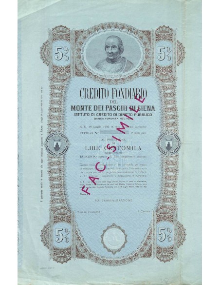CREDITO FONDIARIO DEL MONTE DEI PASCHI DI SIENA - 100000 LIRE - SIENA 1905