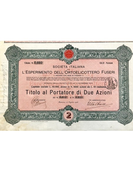 1908 - SOCIETA' ITALIANA PER L'ESPERIMENTO DELL'ORTOELICOTTERO  FUSERI - FOSSANO
