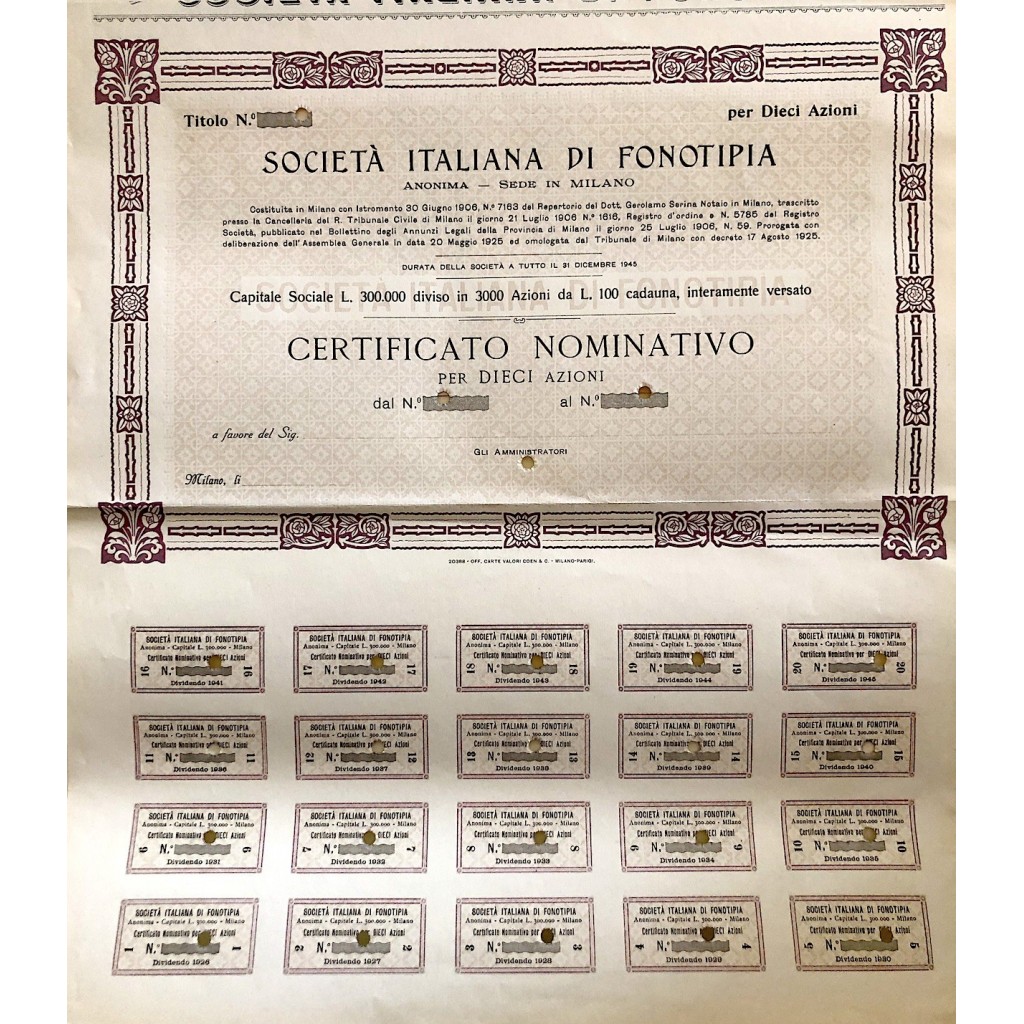 SOC. ITALIANA DI FONOTIPIA - 10 AZIONI MILANO 1906