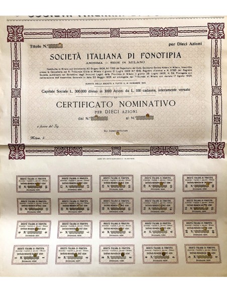 SOC. ITALIANA DI FONOTIPIA - 10 AZIONI MILANO 1906