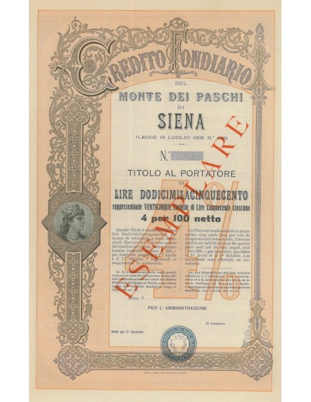 CREDITO FONDIARIO DEL MONTE DEI PASCHI DI SIENA - 12500 LIRE - SIENA 1905
