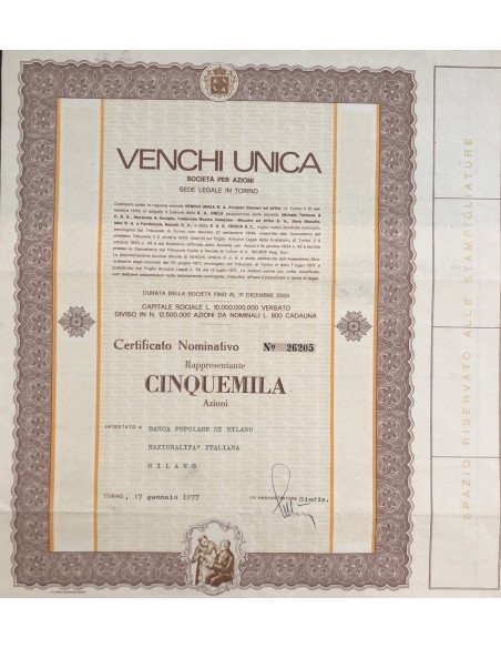 1977 - VENCHI UNICA - 5000 AZIONI - TORINO