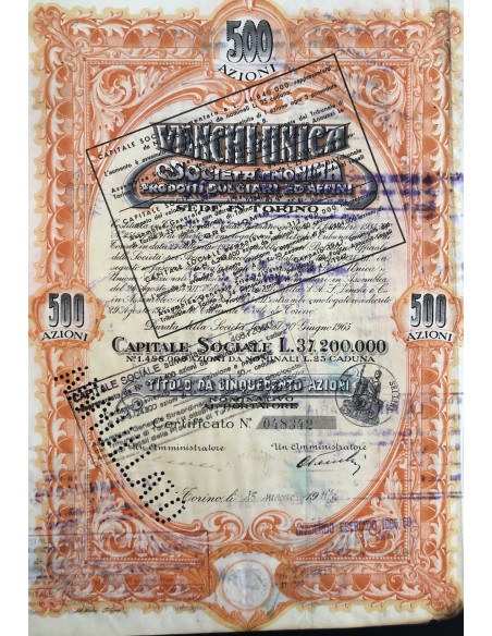 1947 - VENCHI UNICA SOC. ANON. PRODOTTI DOLCIARI ED AFFINI - 500 AZIONI - TORINO