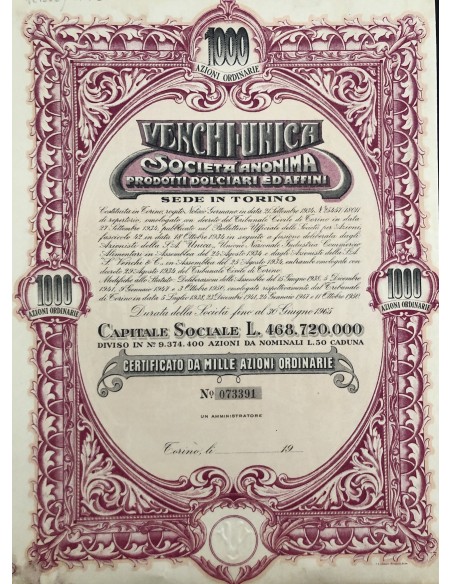 1934 - VENCHI UNICA SOC. ANON. PRODOTTI DOLCIARI ED AFFINI - 1000 AZIONI - TORINO
