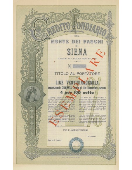 CREDITO FONDIARIO DEL MONTE DEI PASCHI DI SIENA - 25000 LIRE - SIENA 1905