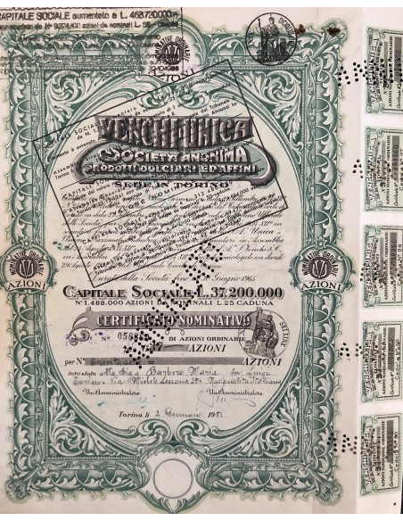1951 - VENCHI UNICA SOC. ANON. PRODOTTI DOLCIARI ED AFFINI - 37 AZIONI - TORINO