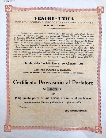 1937 - VENCHI UNICA SOC. ANON. PRODOTTI DOLCIARI ED AFFINI - CERTIFICATO PROVVISORIO - TORINO