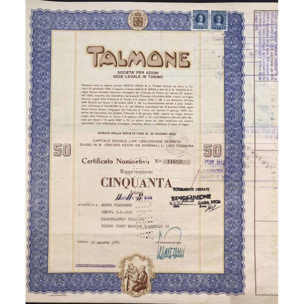 1970 - TALMONE CERTIFICATO DA 50 AZIONI - TORINO