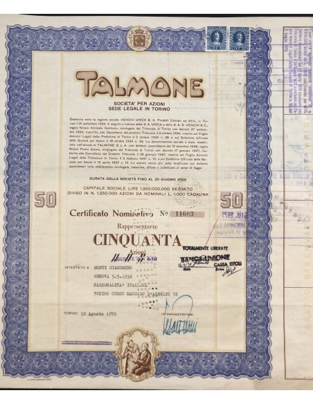 1970 - TALMONE CERTIFICATO DA 50 AZIONI - TORINO