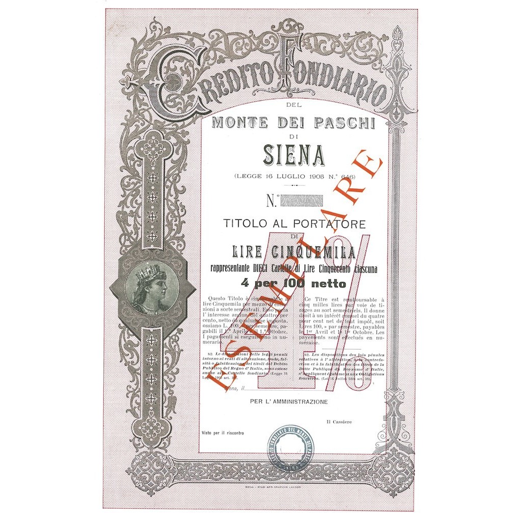 CREDITO FONDIARIO DEL MONTE DEI PASCHI DI SIENA - 5000 LIRE - SIENA 1905