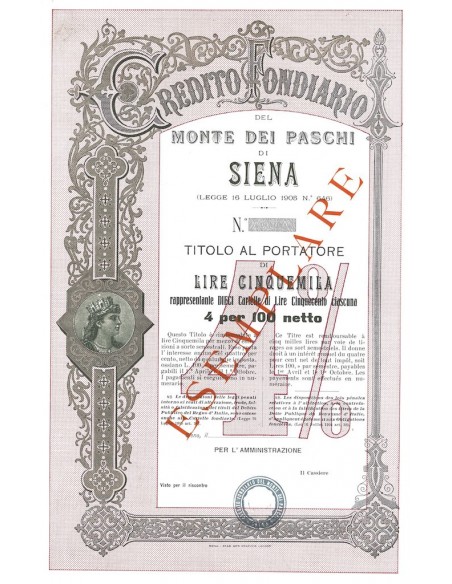 CREDITO FONDIARIO DEL MONTE DEI PASCHI DI SIENA - 5000 LIRE - SIENA 1905