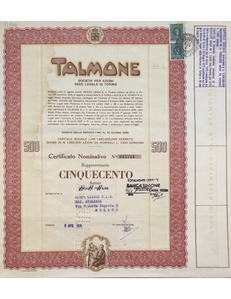 1971 - TALMONE CERTIFICATO DA 500 AZIONI - TORINO