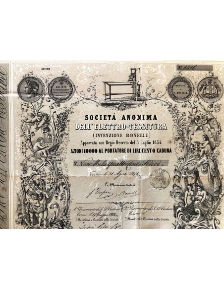 1854 - SOCIETA' ANONIMA DELL'ELETTRO TESSITURA INVENZIONE BONELLI - 1 AZIONE - TORINO